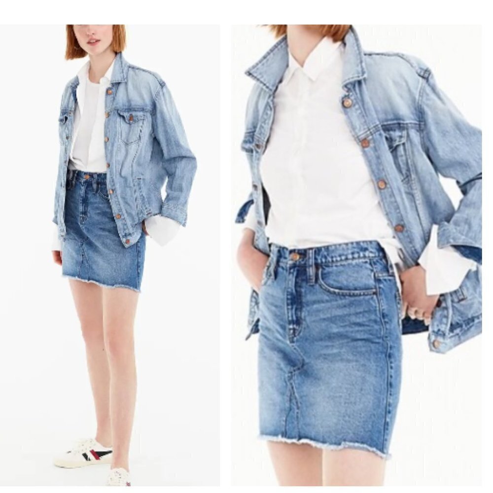 J. Crew Denim Mini Skirt Birch Medium Wash Fray Hem Zip Size 28